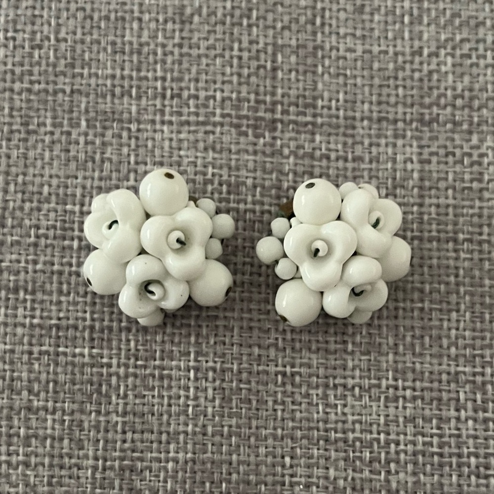 Vintage West Germany Milk Glass Cluster Clip-On Earrings Floral Design 1950s